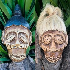 Set of 2 Shrunken Head Voodoo Wooden Wall Plaque Tropical Tiki Decor 12"x 6.5"