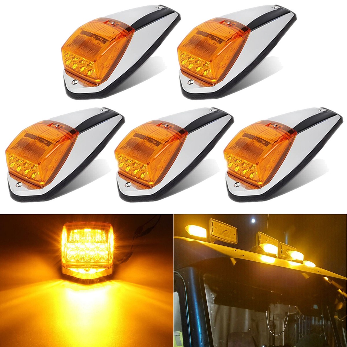 5 Cab Marker Lights Roof 31 LED Amber Chrome For Peterbilt