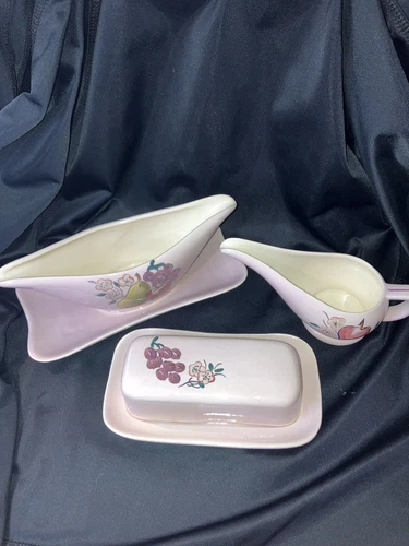 VTG Red Wing Pottery Pink Fruit Hand painted Sauce Bowl, Butter Dish & Creamer
