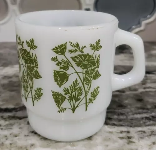 VTG FIRE KING Meadow Green Dill Wild Flowers D Handle Coffee Cups Mug Milk Glass