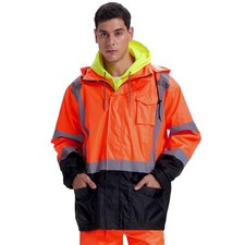 Reflective Rain Jacket Hi Vis Class 3 Rain Coat  Large-X-Large Orange
