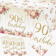 3Pcs 90th Birthday Tablecloth,Rose Gold 90th Birthday Tablecloth Rectangular ...