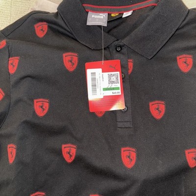 PUMA Polo Shirt Mens Large Black Ferrari AOP Shield Logo Short Sleeve 534209-01