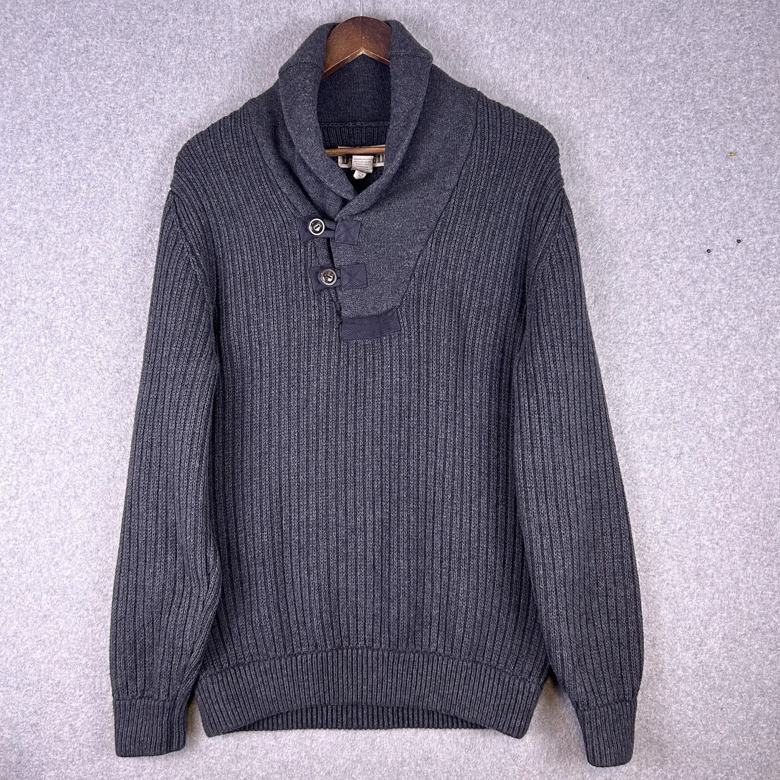 Duluth Trading Sweater Men's Medium Gray Wool Blend Ribbed Shawl Collar Chunky