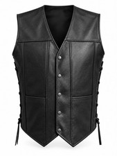 Men's Genuine Leather 10 Pockets Motorcycle Biker vest Laces Black