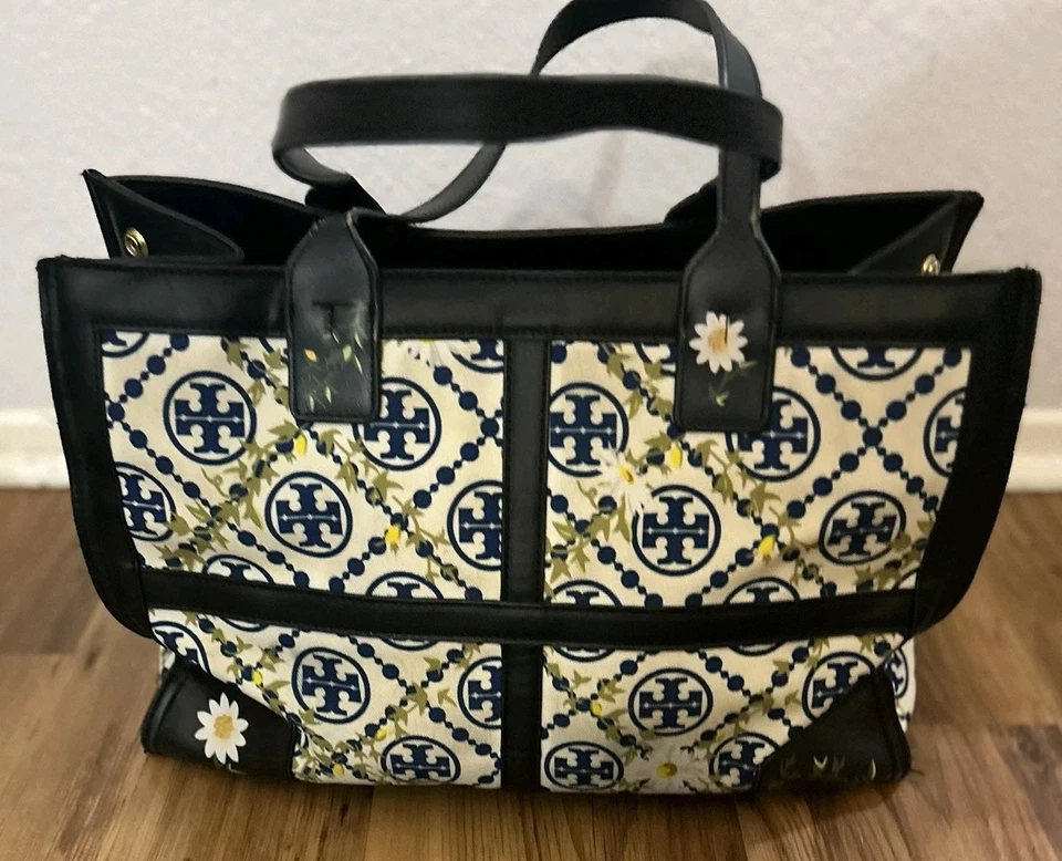 TORY BURCH Ella Large Canvas Quadrant Tote Bag Black Leather Canvas Floral Print - Image 2 of 4