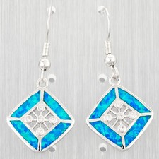 Ocean Blue Fire Opal Central CZ Silver Jewelry Dangle Drop Earrings
