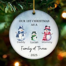 Personalized Snowman Family of 3 Ornament 2025 Custom Ceramic Christmas Gift