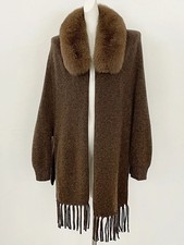 Vintage Women s 100 Wool Knit Cape Coat with Real Fox Fur Collar Tassel Jacket
