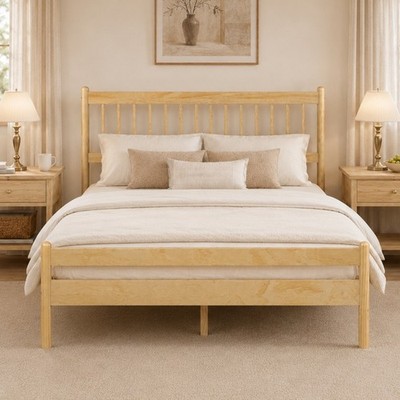 Traditional Style Queen Size Bed with Headboard and Footboard,Pinewood Bed Frame