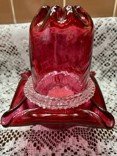 Vintage Fenton Cranberry Glass Fairy Lamp With Clear Glass Divider