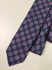 Robert Talbott Silk Tie Navy Medallion Hand Block Printed England Made in USA