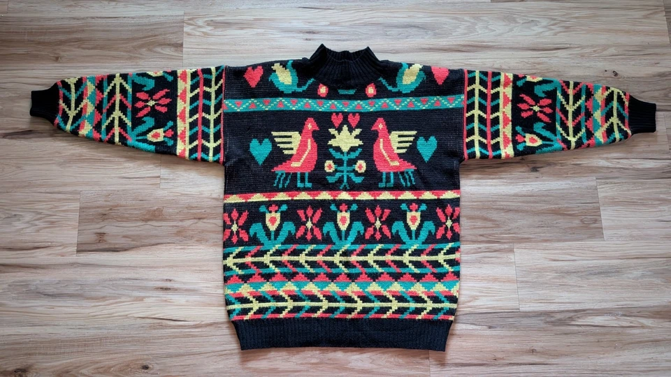 Suéter Feo Vintage Vibes Mujer M Negro Colorido Geo Flor Pájaro Amor Retro Años 80 Foto 2 de 4