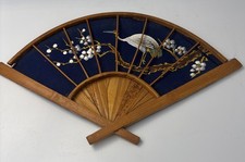 Vintage Hand Painted Fixed Handheld Bamboo Fan Blue Fabric Bird On Branch