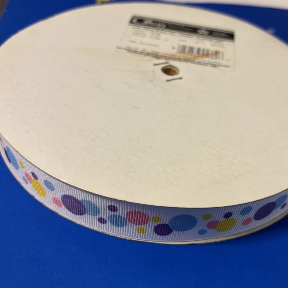 Offray Grosgrain Ribbon 7/8" White w/ Polka Dots Purple Pink Blue 100 yds Spool - Image 2 of 3