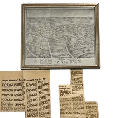 Vintage Framed Map of Paris Kentucky 9 x 10 w/ Newspaper History Articles
