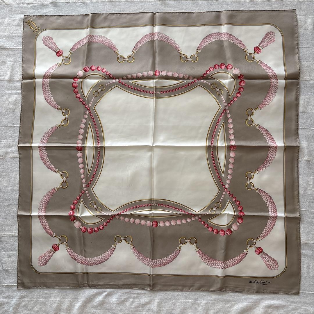 Cartier Must de Silk Scarf with Pearl Print in Beige Pink White 83cm