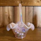 Fenton Iridescent Pink Butterfly & Daisy Hand Painted Ruffled Basket