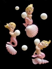 Vintage Mold Bubble Baby Mermaids Wall Plaque with Shells and Bubbles