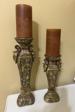 Pair of Classical Gold Ceramic Column Candle Holders, Large, Indoor Use
