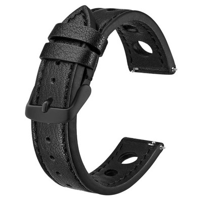 Rally Watch Bands, Shrunken Leather Watch Straps for Men, 22mm, Black with Bl...