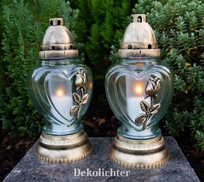 2x Grablicht 26cm Grablaterne Lampe Grableuchte Glas Grabschmuck Kerze gold Herz