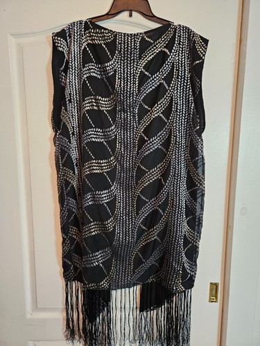 NEW Free People Sleeveless Fringe Draped Kimono Black/Silver Velvet Accents OS - Picture 4 of 4
