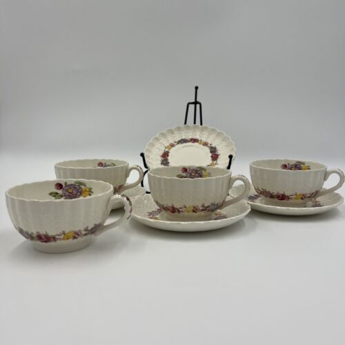 Copeland Spode Rose Briar Set Of (4) Footed Tea Cups And Saucers (Crazing) - Picture 3 of 12
