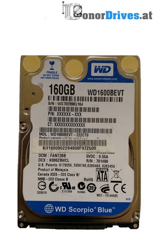 Western Digital WD1600BEVT-22ZCT0- 160GB - SATA - 2060 701499-005 Rev. A*