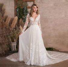 Modern A Line Long Sleeve Wedding Dress V Neck Wedding Gown Appliques Button