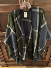 Woolrich Cozy Blanket Wrap Poncho OS Mila Denim Plaid Blanket Stitch Hem Prairie