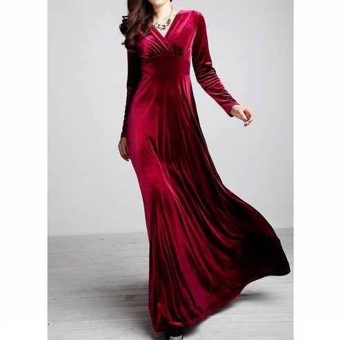 V-neck Long Sleeve Velvet Dress Full Length Party Gown Ball Fall Winter - Picture 5 of 16