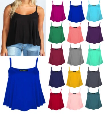 WOMENS PLAIN SWING VEST SLEEVELESS TOP STRAPPY CAMI LADIES FLARED UK - Image 1 of 4