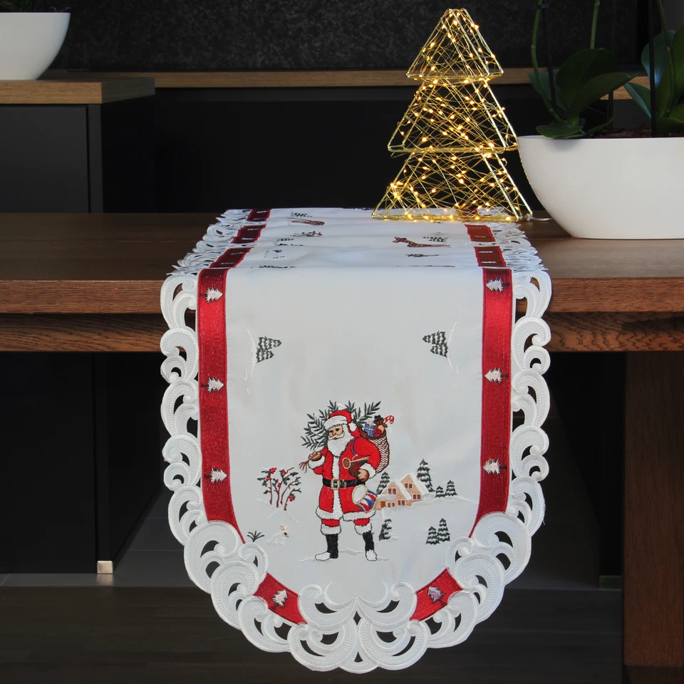 Weihnachtsmann Stickerei auf Winterlandschaft Weihnachtsdecke Tischläufer Rot - Bild 1 von 1
