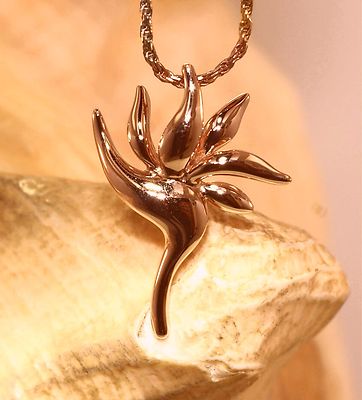 21MM SOLID 14K ROSE GOLD SHINY HAWAIIAN BIRD OF PARADISE FLOWER SLIDE PENDANT