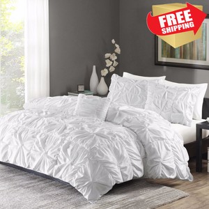 Ruched Bedding Set King Size Bed White Duvet Cover Shams 4 Piece