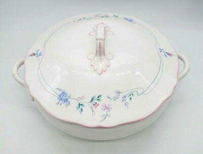 Vintage Covered Casserole Dish - Pink and Blue Floral Pink Trim Unmarked 