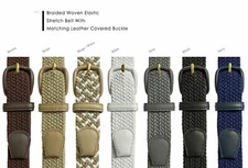 7001 Women's Leather Covered Buckle Woven Elastic Stretch Belt, 1-1/4" Wide