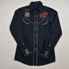 Vintage Western Smile Pocket Shirt Saloon Chain stitch Silver Dollar Mens Small