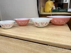 Pyrex Gooseberry Pink White Mixing Bowl Set 441 442 Mid-Century Modern Nesting