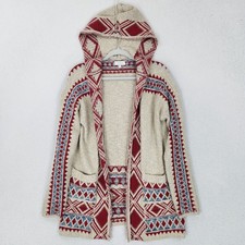 Lucky Brand Sweater Womens Medium Cream Hooded Aztec Open Front Knit Cardigan