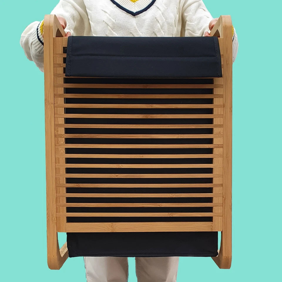 50L Wäschekorb Bambus mit Deckel und Wäschesack - 40x36x57 Holz Wäschesammler  - Bild 4 von 4