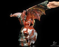 7.5" Bloodstone Hand Carved Crystal Skull and Dragon Fine Art Sculpture