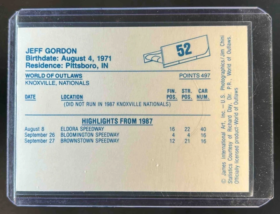 1987 World of Outlaws Jeff Gordon Rookie Card RC #52 HOF Nascar - Image 2 of 2
