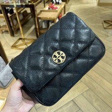 Tory Burch Black Quilted Chain Strap Shoulder Bag Gold Logo for Women