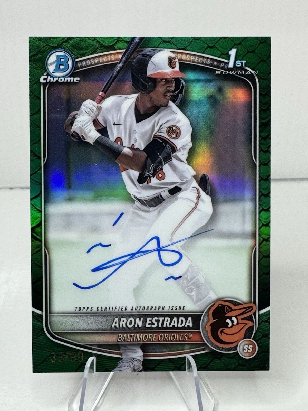 2025 Bowman 1st Chrome Aron Estrada Green Reptilian #’d/99 Autograph Orioles SP