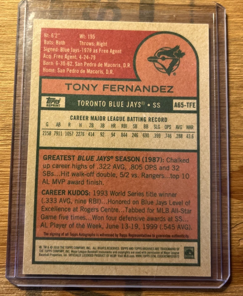 TONY FERNANDEZ TORONTO BLUE JAYS 2016 TOPPS ARCHIVES 65TH ANNIVERSARY AUTO - Image 2 of 2