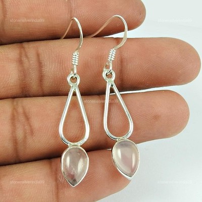 Pear Natural Rose Quartz 925 Solid Silver Hook Artisan Bezel Drop Wife Earrings
