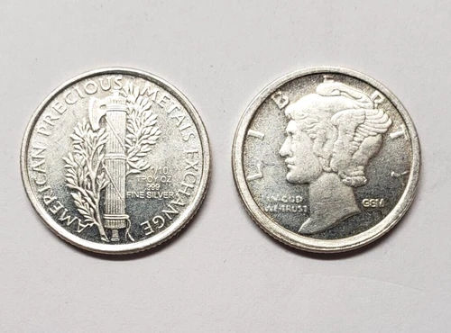 2 x 1/10 ozt Apmex Liberty Mercury Dime Silver Bullion Round 999 fine IH609