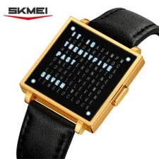 SKMEI Men Rectangle Watch Leather Band Numeral Wristwatch LED Sport Watch Boys